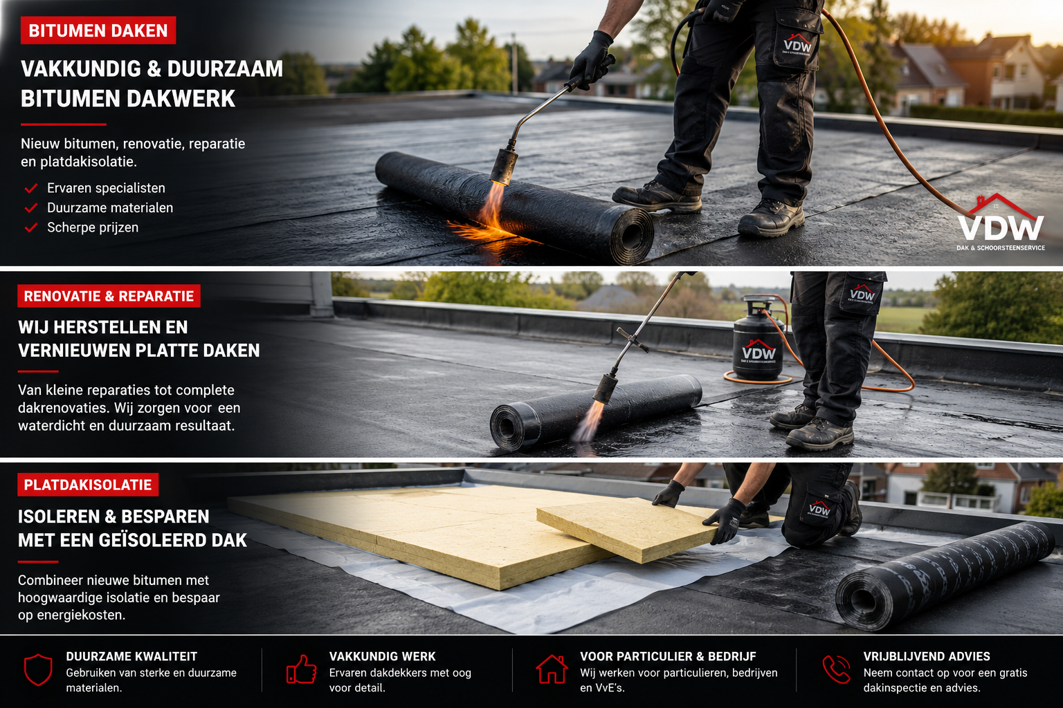 Bitumen dakbedekking, plat dak renovatie en platdakisolatie door VDW Dak en Schoorsteenservice